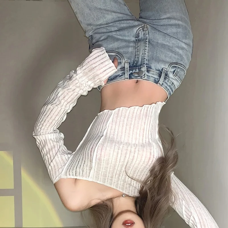 European and American Spring Fall New Women's Solid Color Slim-fit Navel Fashion Irregular Slanted Shoulder Long-sleeved T-shirt