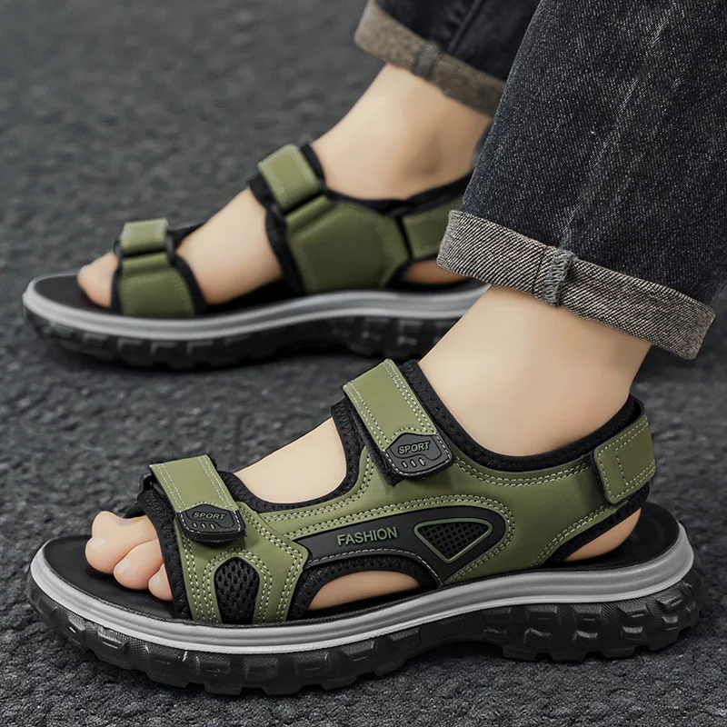 Men's Outdoor Non-Slip and Wear-Resistant Casual Beach Sandals with Double Velcro Straps, Suitable for Beach, Camping, Hiking, S