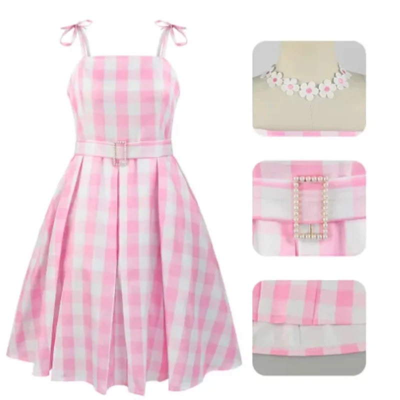 

Movie Barbie Cosplay Costume Women Girls Pink Dress Halloween Princess Barbie Play Prop Wig Headpiece Earrings Necklace Full Set