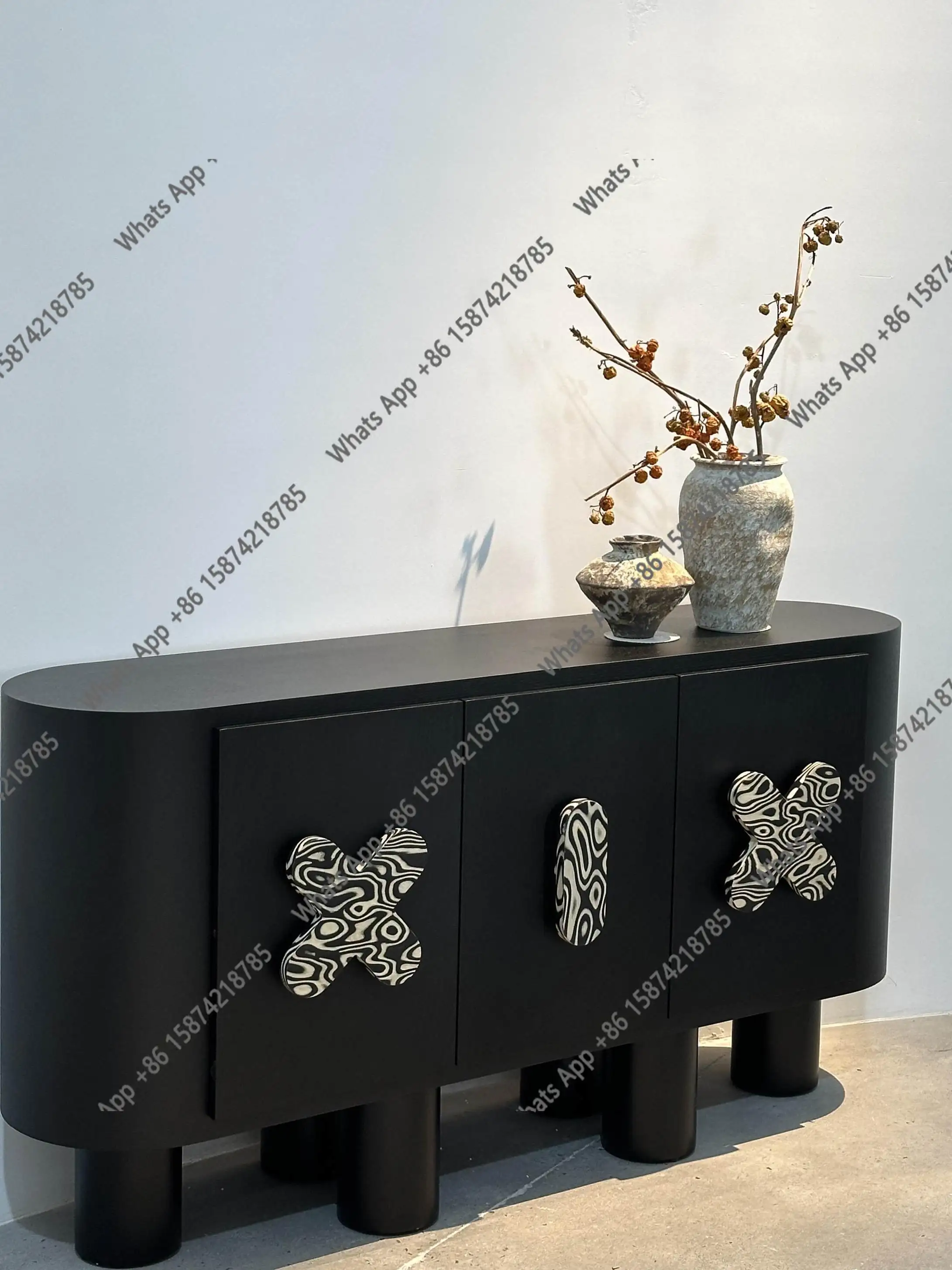 French medieval creative solid wood black dining side cabinet designer entrance cabinet retro home modern living room TV cabinet