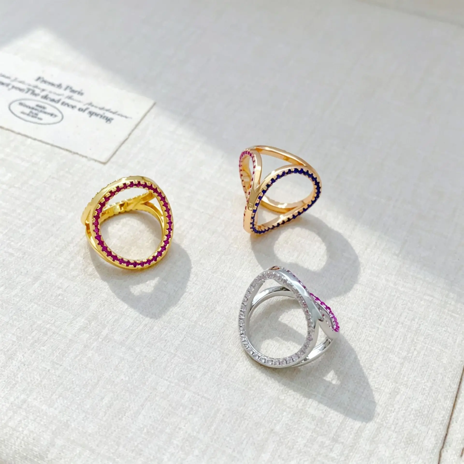Three Sides Wearable Zircon Ring for Women Unique Niche Design Copper Real Gold Plated Versatile Index Finger Ring Fashion Jewel