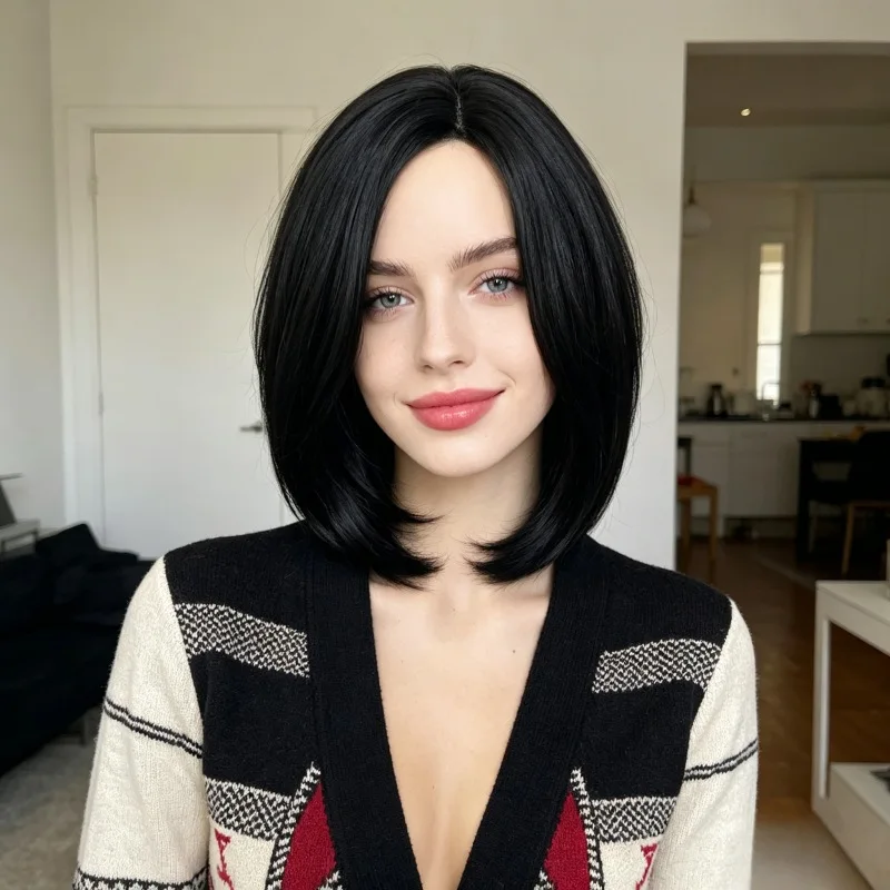 Black side-parted short bob synthetic wig - Halloween cosplay costume wig - Daily wig - High-temperature silk wig set