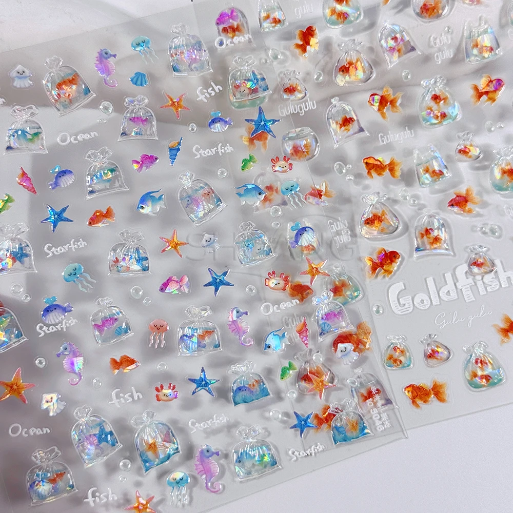 

1Pcs 5D Goldfish Ocean Cute Nail Art Sticker Starfish Shell Bubble Packed In Bag Red Koi Nail Decal Cartoon Adhesive Nail Slider