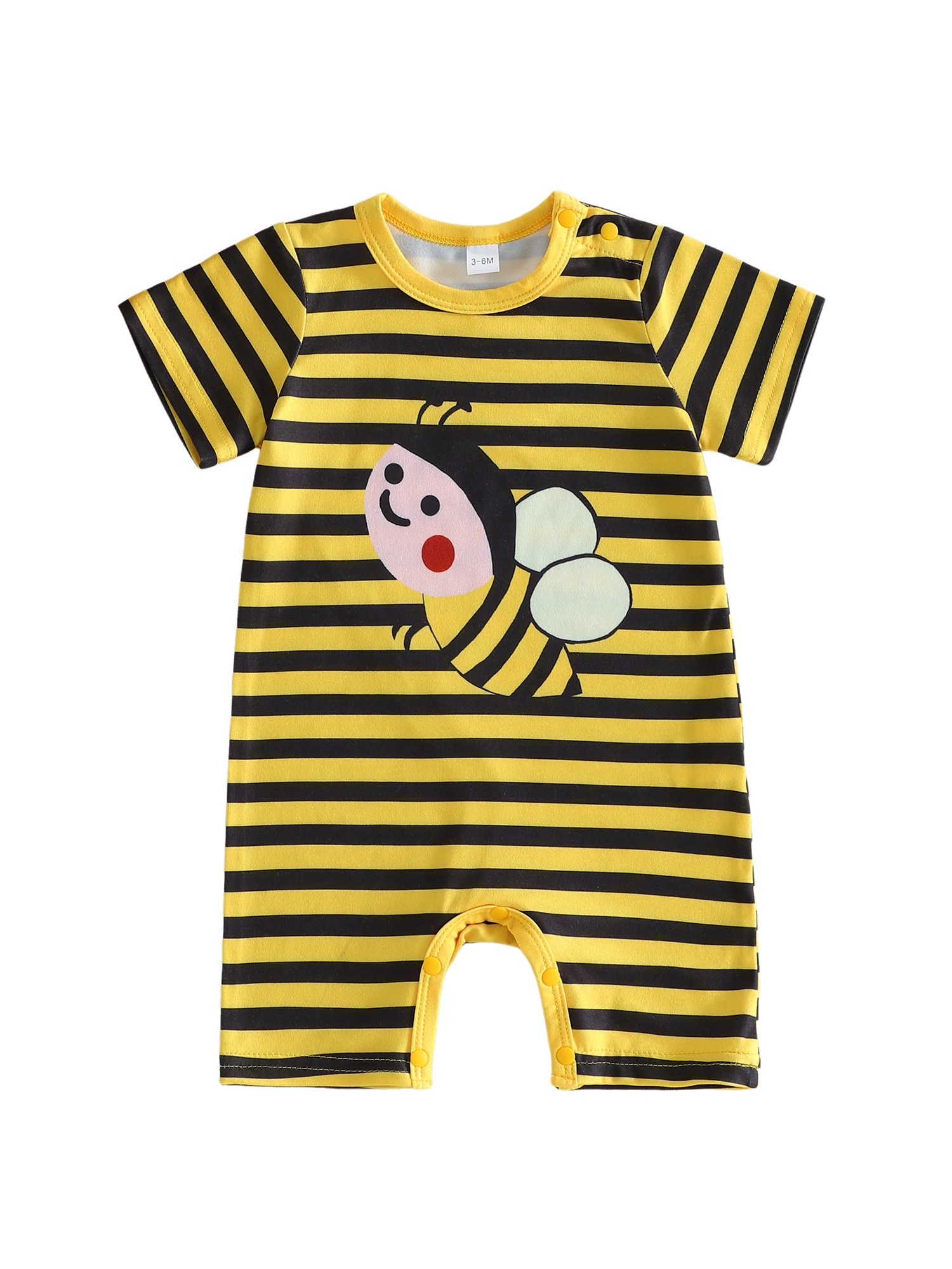 

Стильный летний полосатый комбинезон для младенцев с милым принтом пчелы, короткими рукавами и круглым вырезом для модных малышей