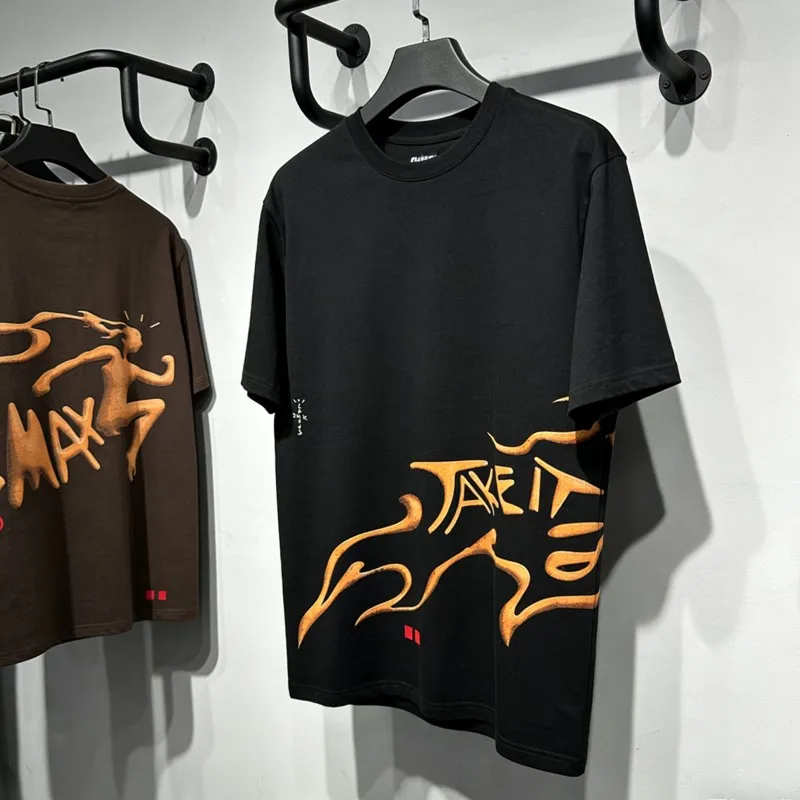 High Street Vinatge Flame Letter Round Neck Short Sleeve Cactus Jack Utopia Tshirts Men Women Tops Outfit  Sports Tees