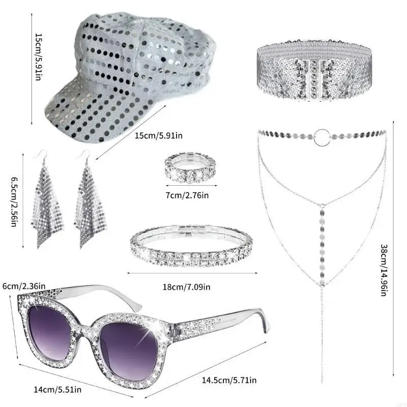 60er 70er 80er Jahre Disco Accessoires Frauen Kostüm Kostüm Disco Set Disco Ohrringe Sonnenbrillen Pailletten Caps Halskette