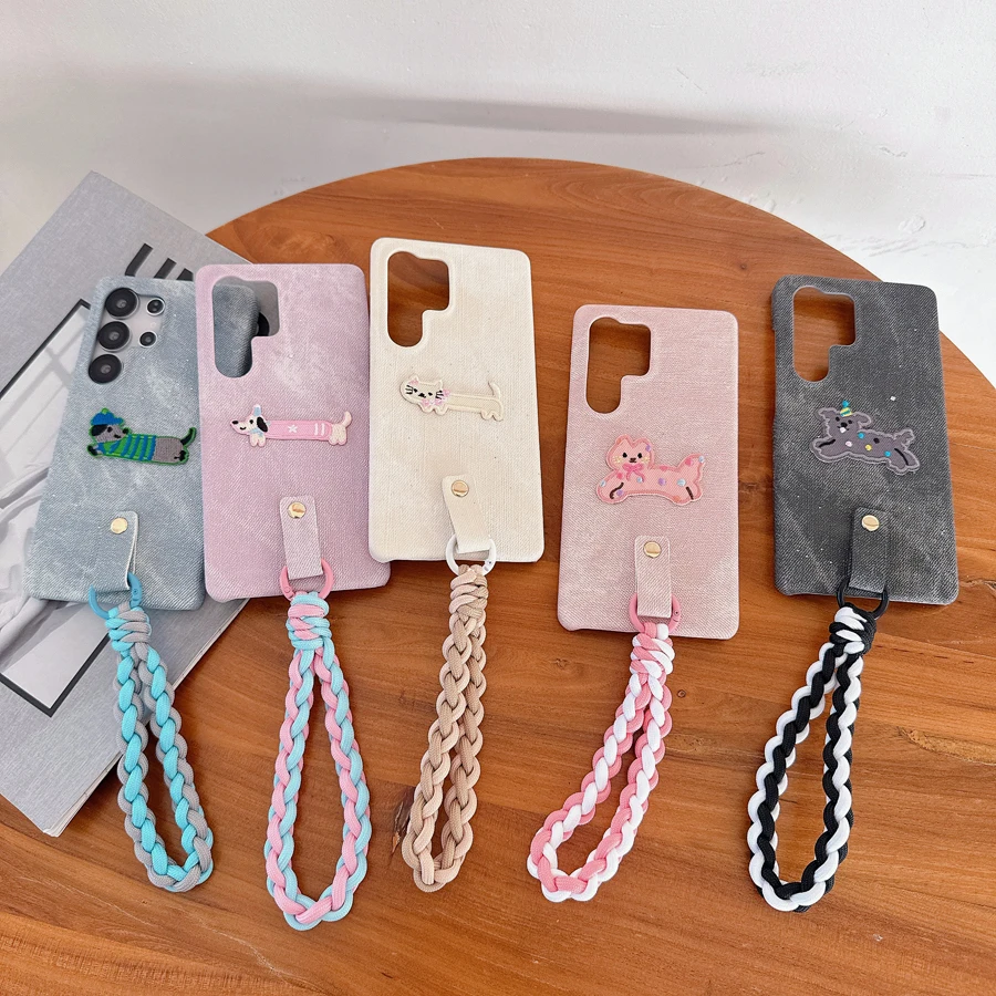 Cartoon DIY Dog Denim Jeans Phone Case for Samsung S25 S24 S23 Ultra Anti-scratch Cover iPhone 17 Air 16 15 14 13 12 11 Pro Max
