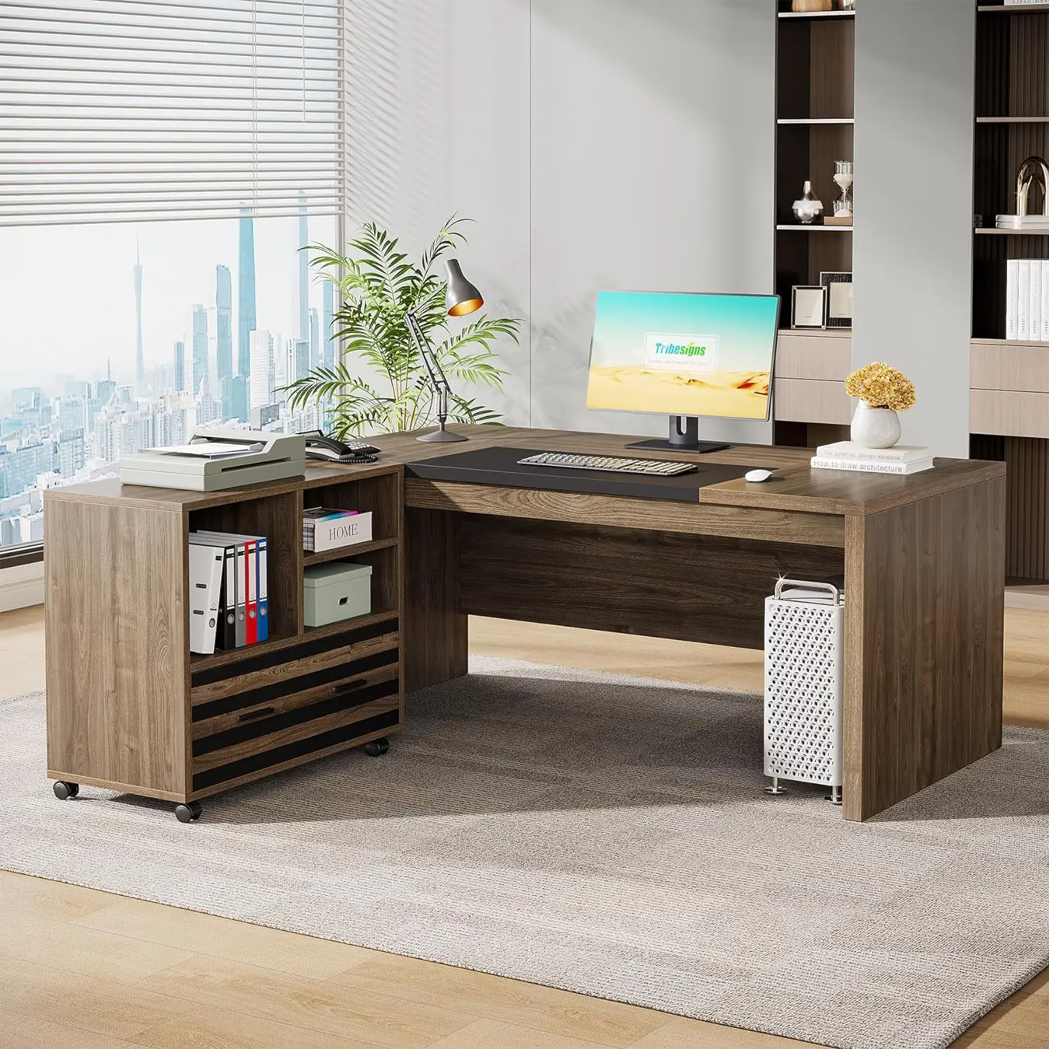 62.2" Executive Desk with Mobile File Cabinet, L-Shaped Office Desk w/ Storage Shelves, Large Computer Desk Business Workstation