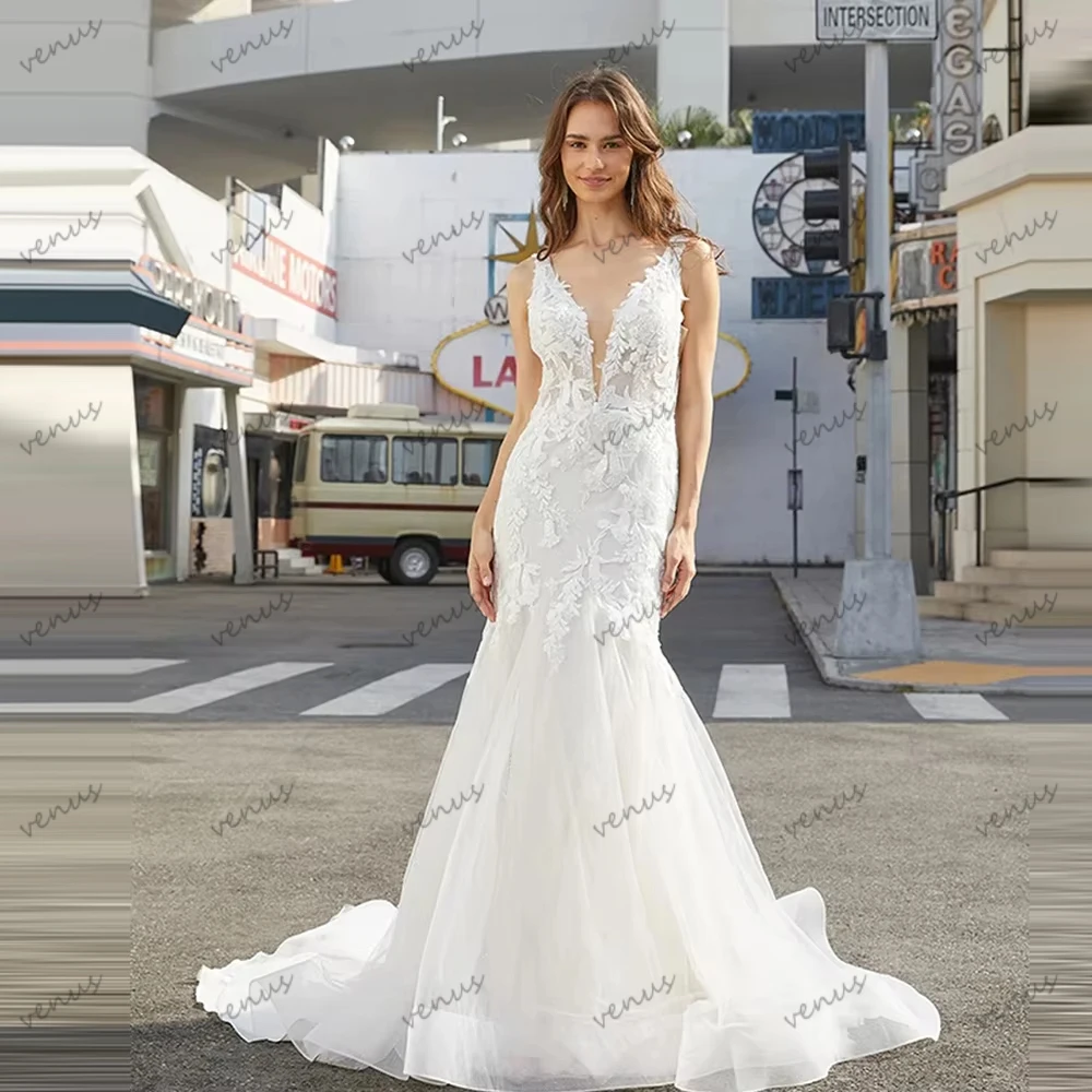 فساتين زفاف عصرية زي العرائس الرائع دانتيل زينة بدون أكمام بدون ظهر رداء جميل فيستدوس دي نوفيا مخصص 2026