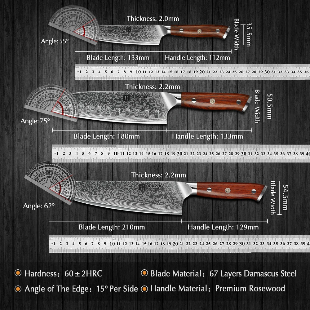 XINZUO 3PCS Kitchen Knife Set Damascus Stainless Steel Kitchen Knives Chef Utility Santoku Knife Kitchen Tool Rosewood Handle