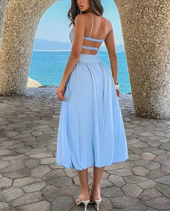 

Women Dresses 2026 Spring Summer New Solid Color Square Collar Sleeveless Waist Cinched Backless Casual Vacation Camisole Dress