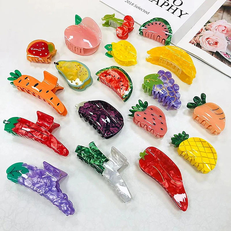 

Acetate Cute Summer Vegetable Fruit Hair Clip Watermelon Lemon Cherry Hair Claw Fashion Shark Clips For Women Hair Accessories