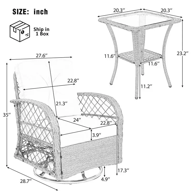 3-Piece Outdoor Chair & Table Set, 2-Person Rattan Seating Group with Swiveling Rocking Chairs & Square Table for Patio,