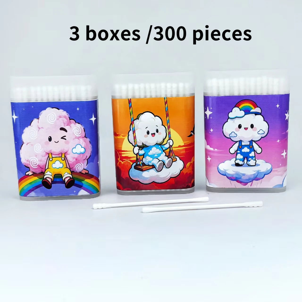 300 قطعة من مسحات القطن المبتكرة منقوشة على السحابة، أعواد أعواد قطنية ذات محور رفيع برأسين