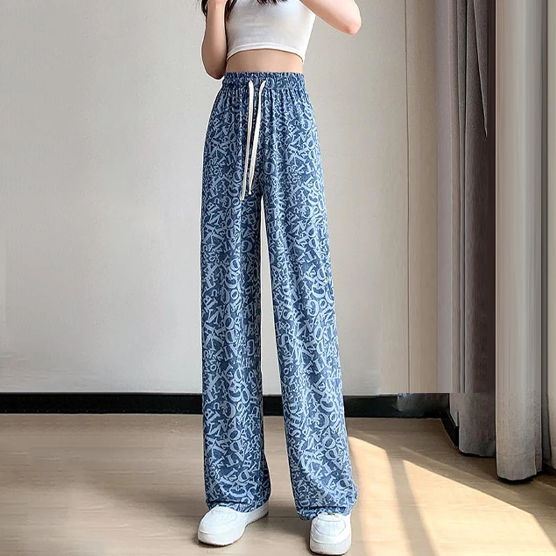 

Fashion Korean Style Straight Tube Leisure Casual High Waist Letter Print Loose Ice Silk Jeans For Women