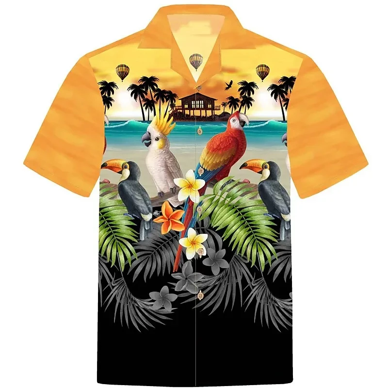 Hawaiian Beach Parrot Graphic Shirts For Men Clothing Fashion Hawaii Coconut Tree Animal 3D Printed Short Sleeve Vacation Tops