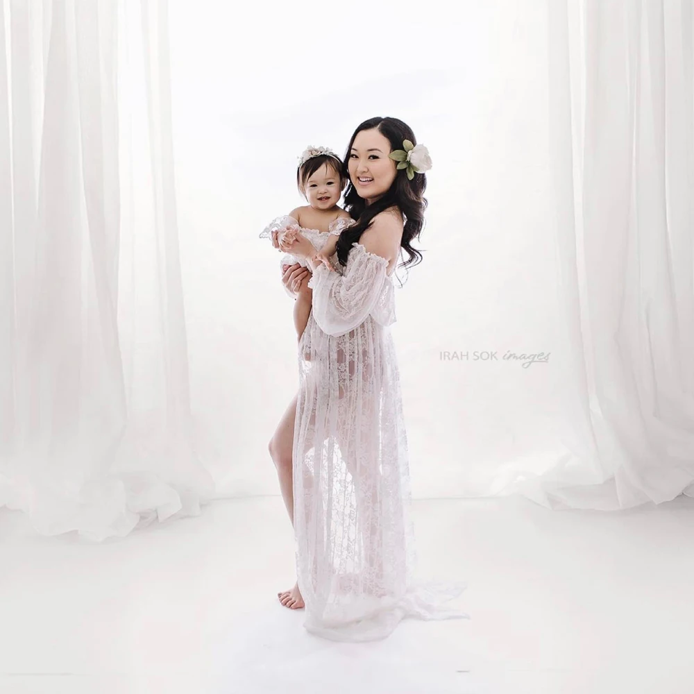 Maternity Photography Dresses Sexy Off Shoulder Mesh Lace Maxi Dress White Long Pregnancy Women Gown Photoshoot Props Accessorie