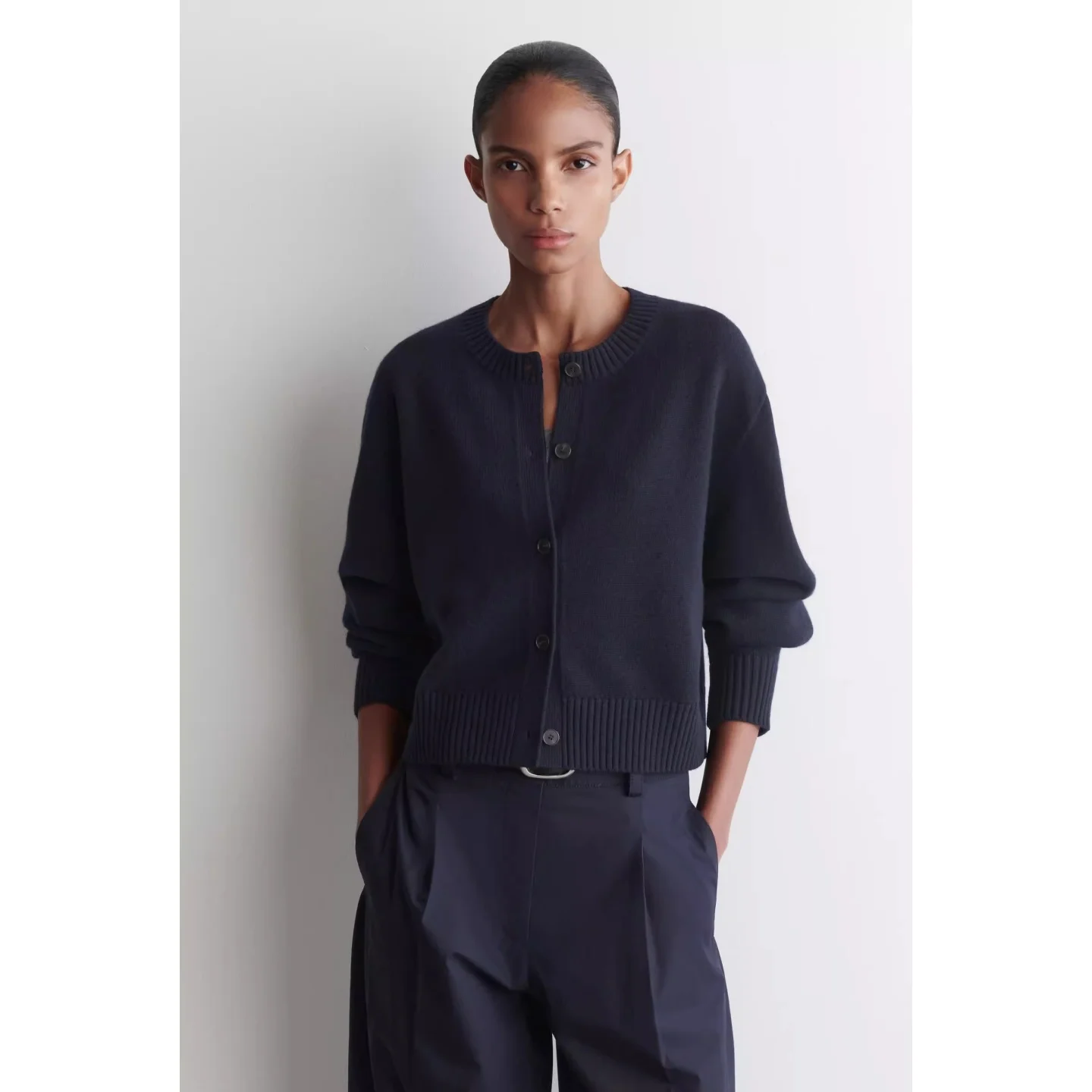 Cardigan décontracté en tricot de laine pour femmes, bleu, Long, Sve rond Ne, pull automne Faion 2025, coupe régulière, pièce unique