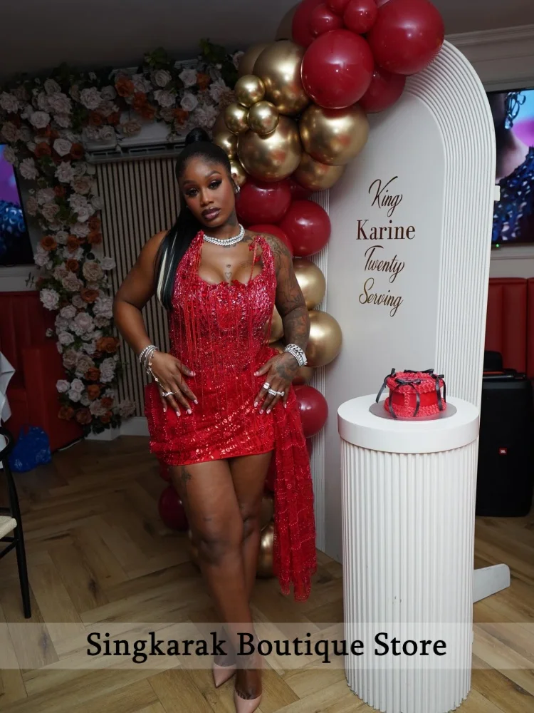 

Красное выпускное платье 2026 для темнокожих девушек, с бисером, стразами и кисточками, для дня рождения, коктейльных вечеринок, выпускных и выпускных балов, на заказ