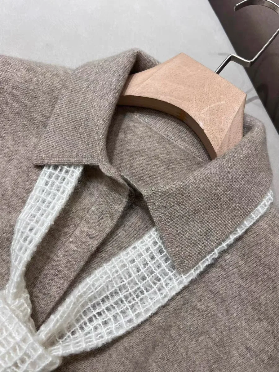 Pure Cashmere Knitted Shirt, Exclusive Decorated, Long Sleeve