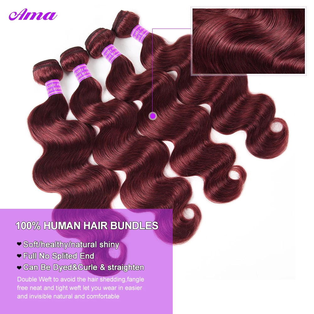 Body Wave Human Hair Bundles para mulheres negras, Borgonha, vermelho escuro, colorido, Remy Hair Bundles, 1, 3, 4 Bundles, Deal, 99j