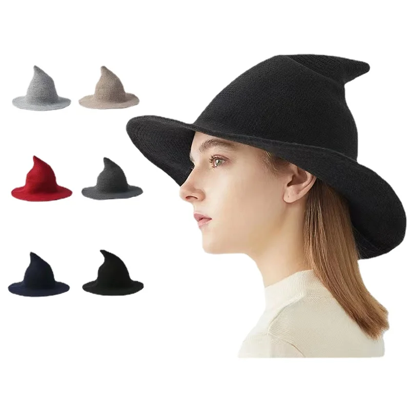 Fashion Design Women Halloween Personalized Wizardry Hat Pointed Big Eave Wool Knitted Hip Hop Witch Cap  Fisherman Hat Men