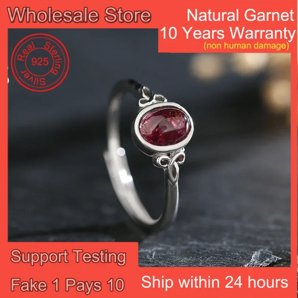 Sterling 925 Silver Ring Garnet 7x5mm Oval Natural Gemstone Adjustable Birthstone Bands Boho Jewelry Wedding Engagement Gift