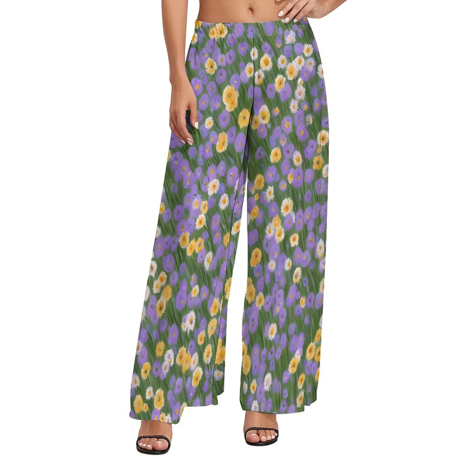 Floral Ditsy Pants Yellow And Purple Streetwear Straight Wide Pants High Waist Office Trousers 4XL 5XL 6XL