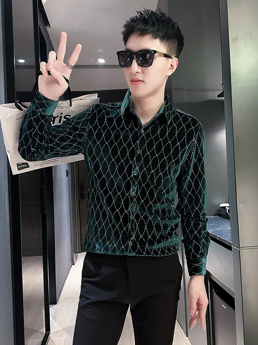 

Spring Autumn Long Sve Men's irt Rhinestone Velvet Slim Fit Korean Sle Casual High End Trendy Brand Cotton Polyester