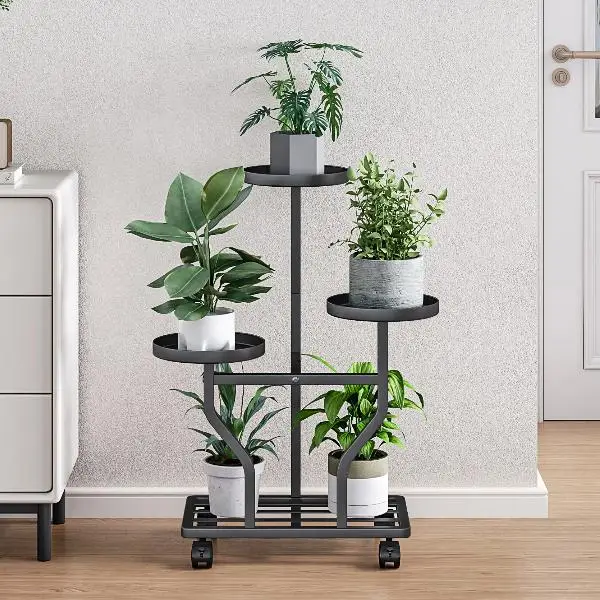 LINZINAR Metal Plant Caddy with Wheels - 3-5 Tier Display Rack, Antirust Indoor Corner Shelf, Weather Resistant Wipe-Clean Holder with 3 Round Pot Trays, 4-Wheel Easy Move for Multiple Plants (Bedroom, Balcony)