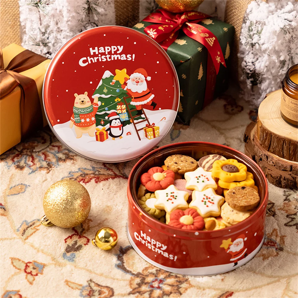 Round Christmas Tinplate Box Christmas Gift Box Metal Candy Cookie Storage Containers for Holiday Xmas Supplies Happy New Year