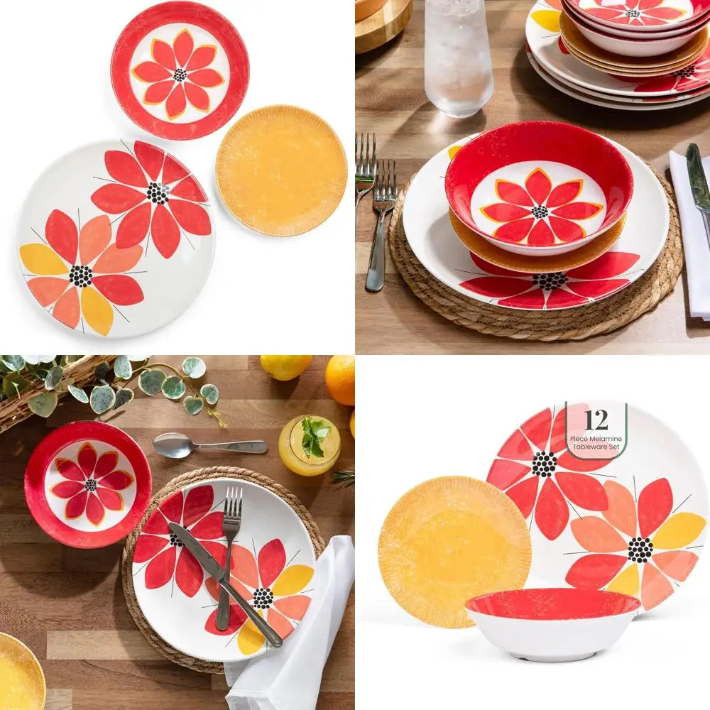 

12-Piece Melamine Dinnerware Set: Durable, Lightweight, and Break-Resistant - Chic, Non-Toxic, Dishwasher-Safe - Perfect for Dai