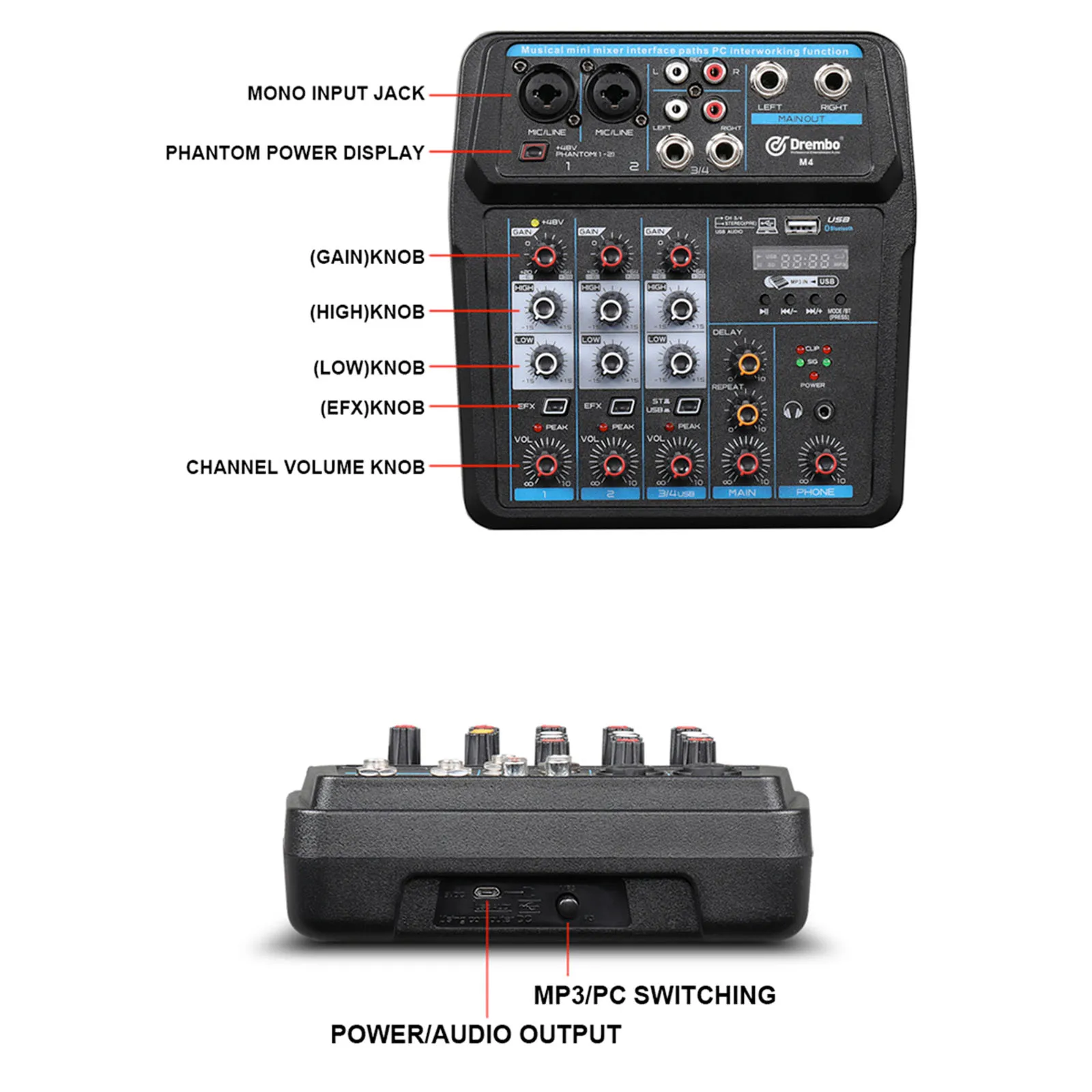 

Bluetooth Usb 48V Phantom Power 4/6Channel Protable Digital Audio Mixer Console with Sound Card for Dj Pc Recording