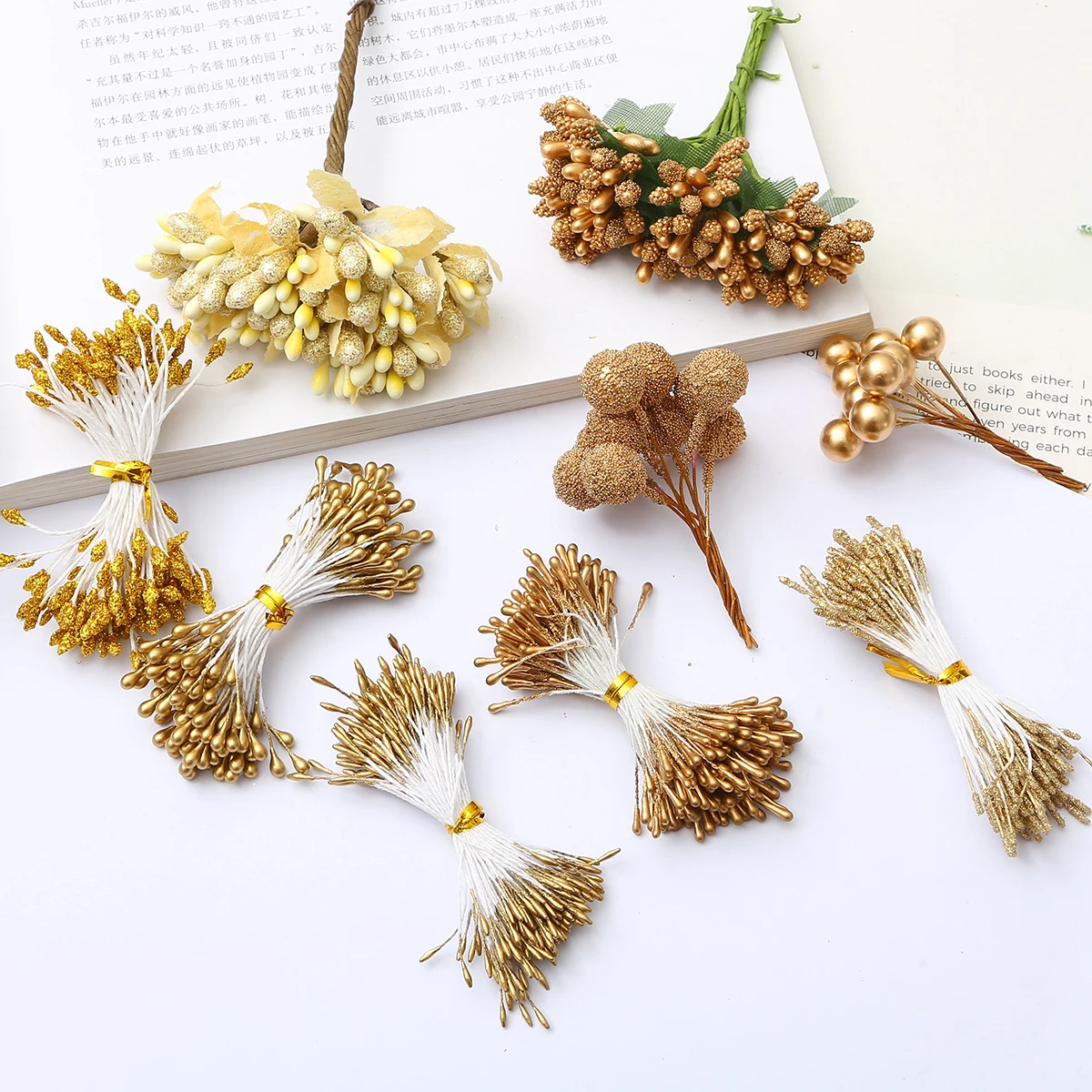 10-144pcs/lot Champagne Gold Color Artificial Flowers Wedding Home Room Decor Simulated Flower Core Table Decoration Accessories
