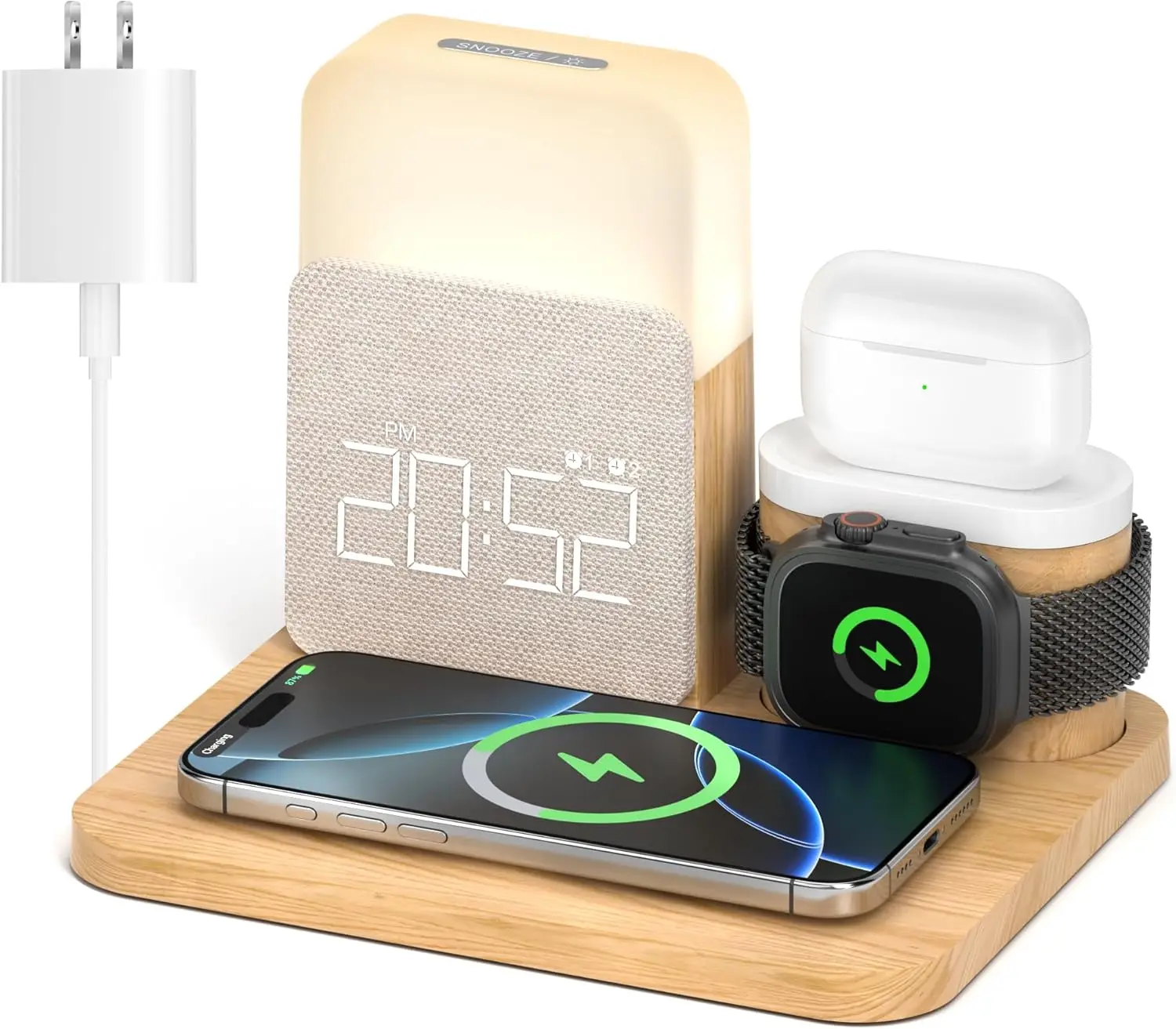 

7-in-1 Wireless Charging Station with Alarm Clock and Night Light for Smartphones, Watches, and Earbuds