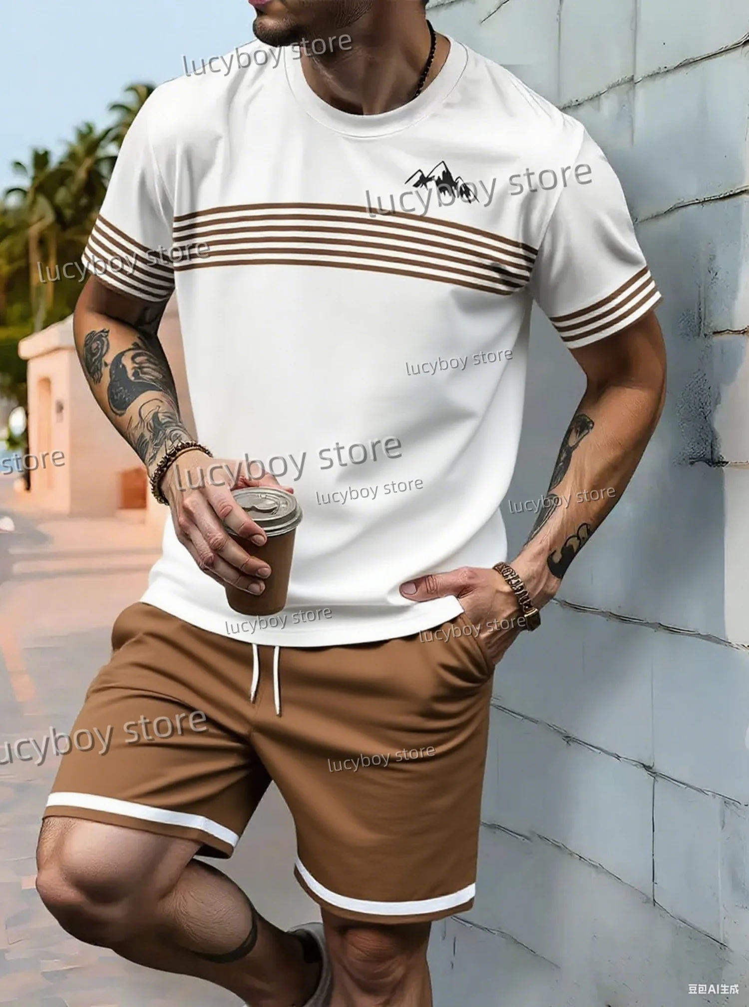 Summer Men Striped mountain peak  Print Set Short Sleeve T-Shirt Shorts Set Adult Sport Jogging Plus Size Tracksuit 2 Piece Set