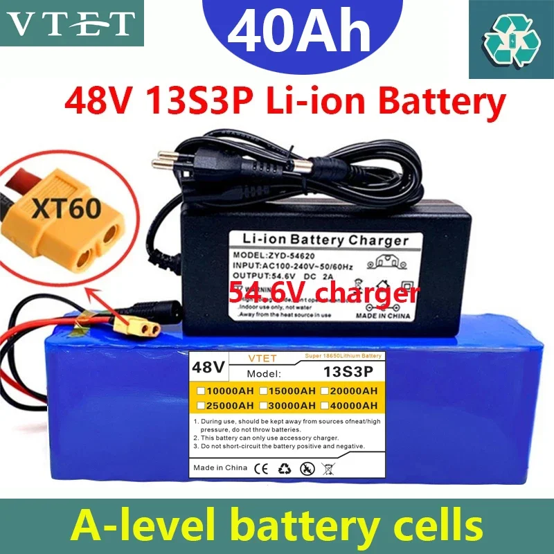 2024 48V 40000mAh 1000W 13S3P XT60 18650 Lithium Battery Pack 40AH for 54.6V E-bike Electric Bicycle Scooter with BMS+charger