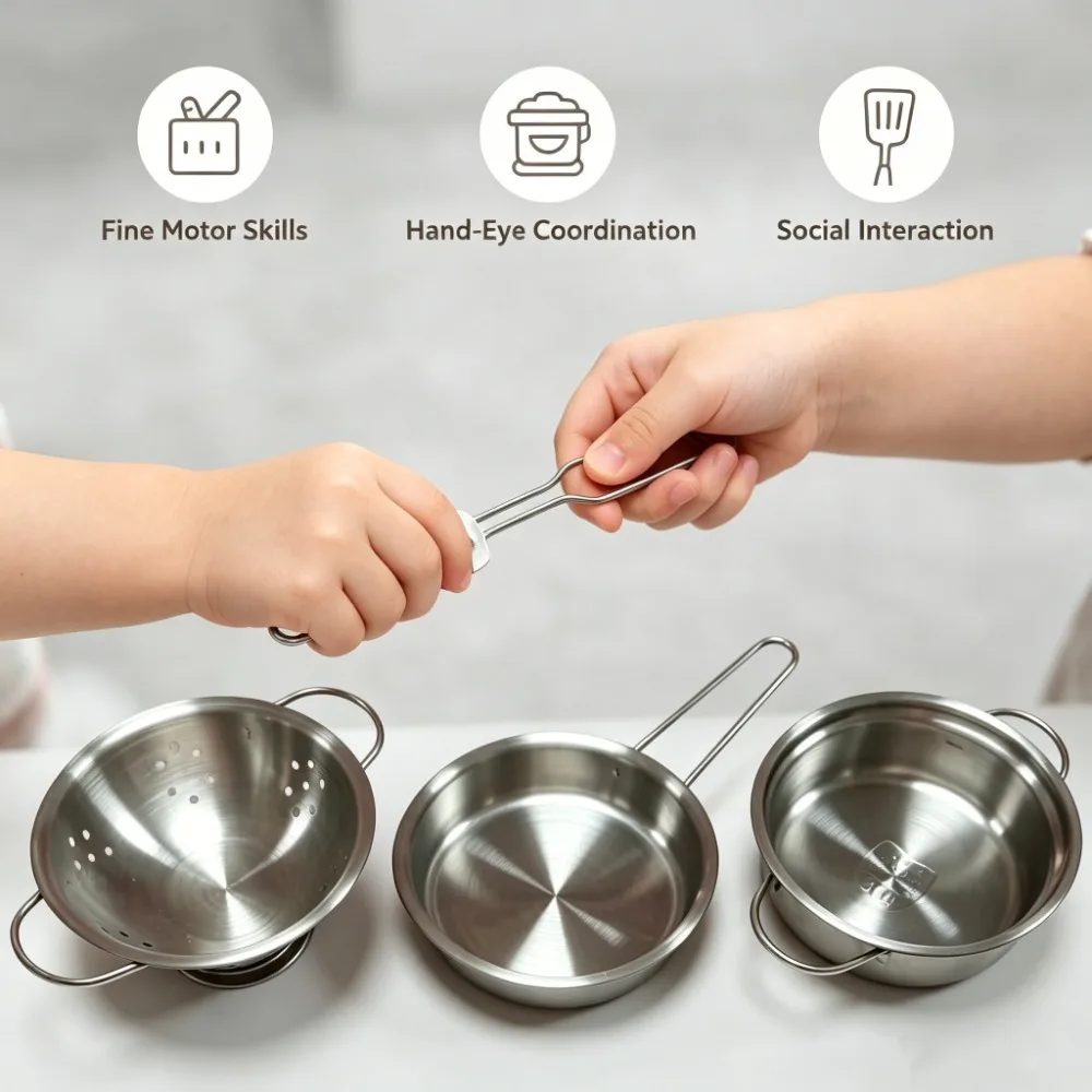 5Pcs Kids Stainless Steel Cookware Toy, Mini Pots Pans with Colander & Spatula, Pretend Play Kitchen Utensils for Kid, Role Play view 3