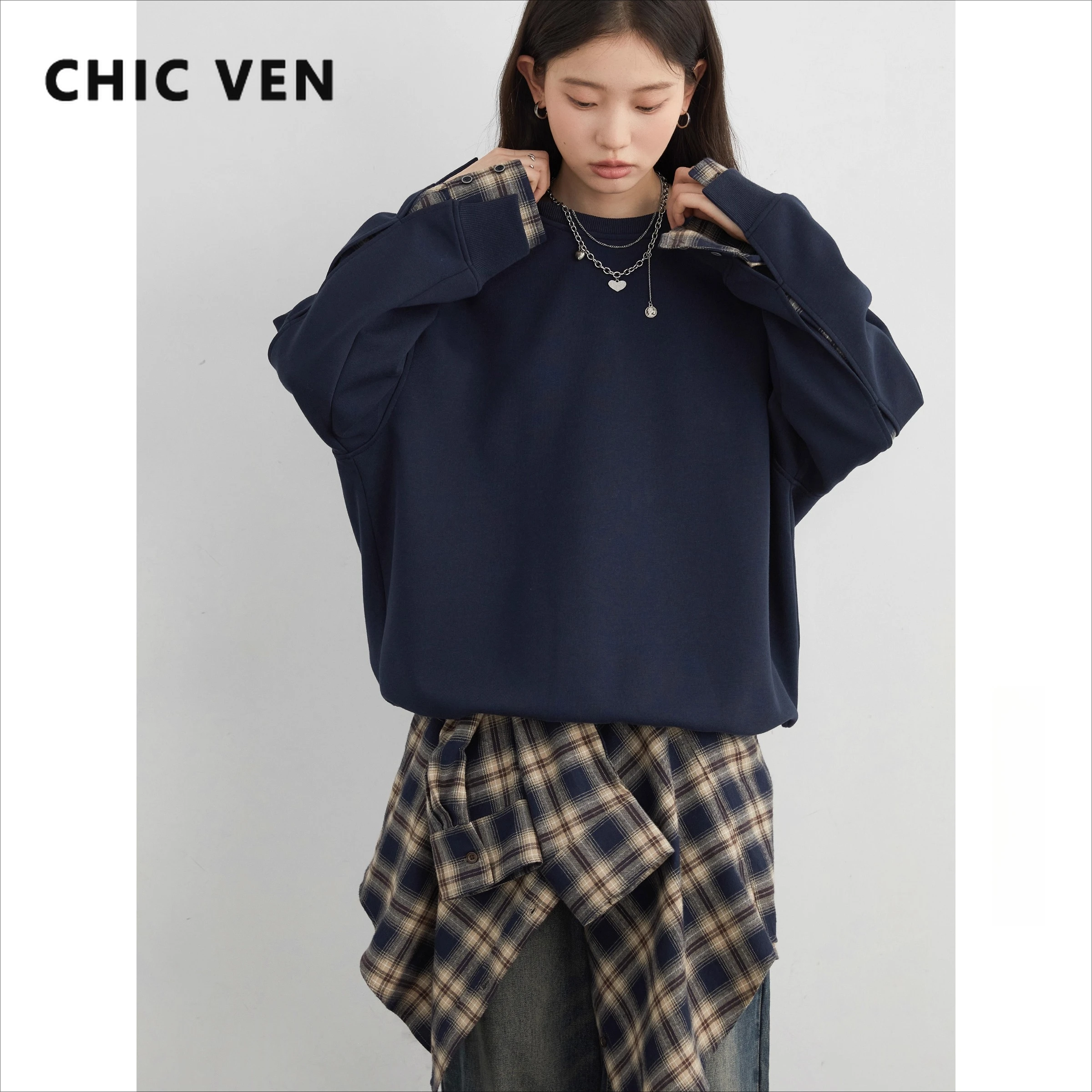 CHIC VEN Women Sweatshirts Loose Casual New O Neck Patchwork Plaid Pullover Long Sleeved Female Tops Spring Autumn 2025 Coat