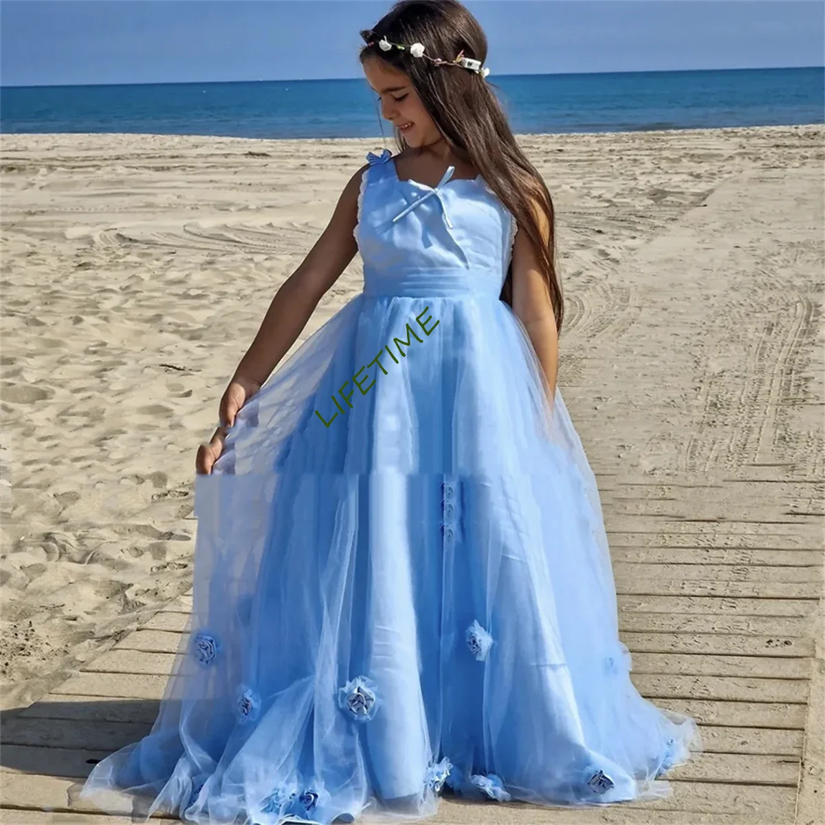 Flower Girl Dresses 2023 Sky Blue Girls Cute Lace Dresses Formal Princess Gowns For Wedding Party Tulle Junior Bridesmaid Dress