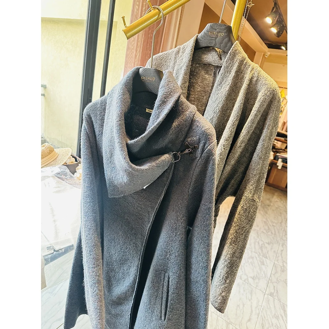 

Minimalist Woolen Coat with Belt High Collar Tailored Fit Deep Grey Long Sleeve Women's Winter Fashion Elegant Simple Style