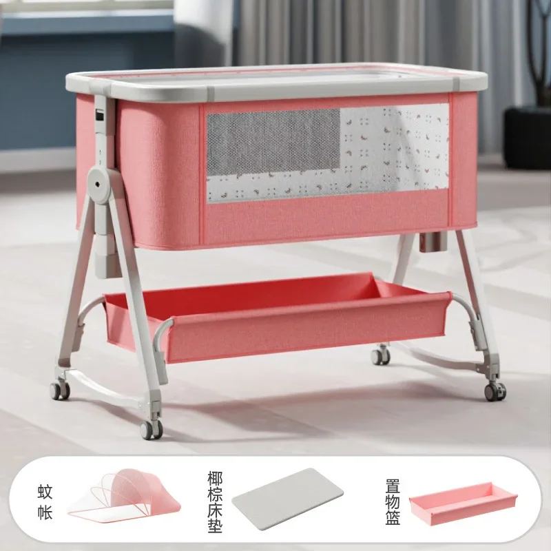 

Newborn Splicing Large Bed Wood Grain Baby Crib, Movable and Portable BB Bed Multifunctional Baby Rocking Bed