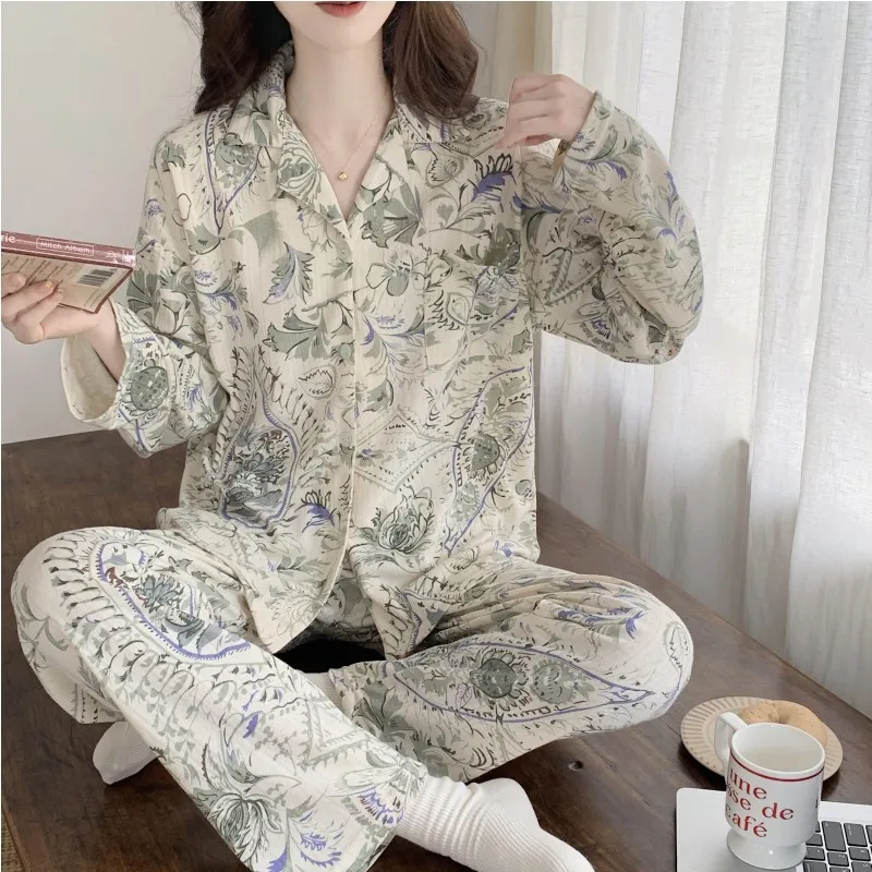 

Large Size Cotton Pajamas Set For Women New Printing Autumn Winter Sleepwear Pyjamas Femme Lapel Shirt Pant Suit Pijama Mujer