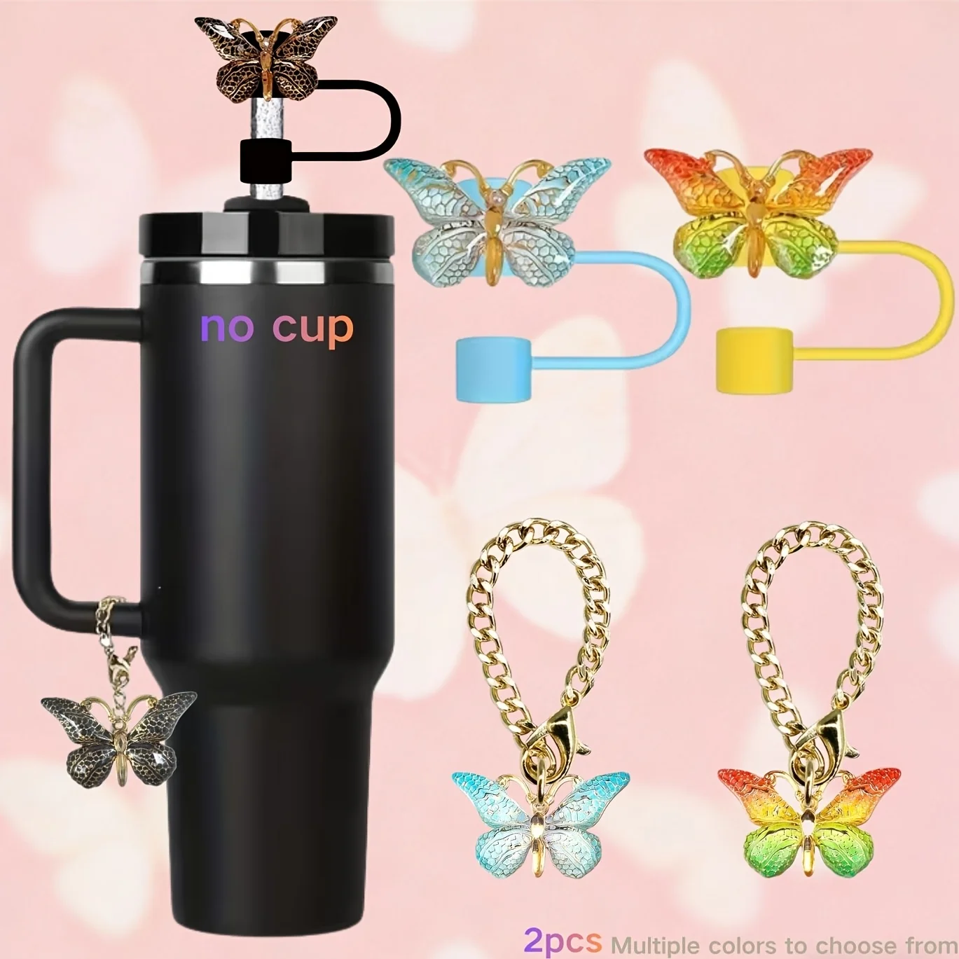 2 pieces/set, butterfly cute cup decoration, including 1 butterfly handle cup decoration and 1 butterfly straw cover, perfect for sports water bottles or daily use, summer