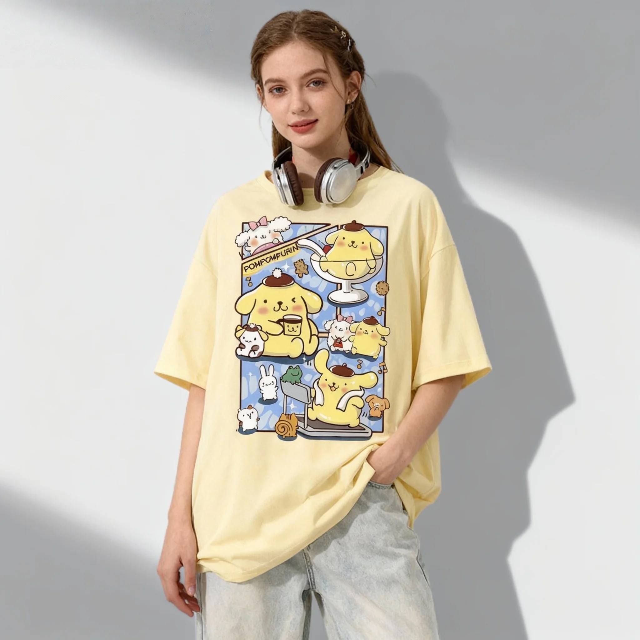 Новая американская спортивная одежда Sanrio Family Pudding Dog, милая крутая летняя футболка большого размера, женская и мужская спортивная одежда для взрослых