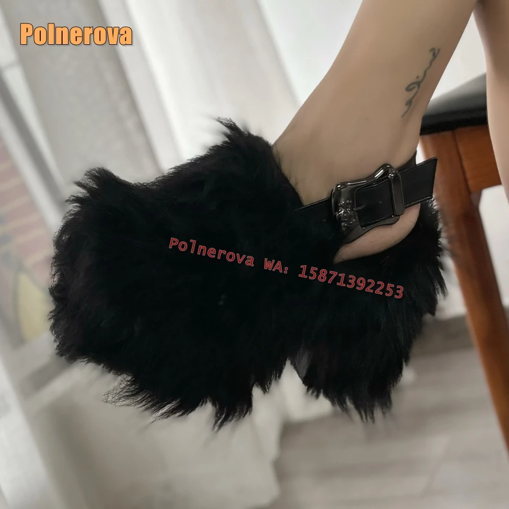 Furry Fur Metal Buckle Fashion Slippers Round Toe Thick Sole Height Increasing Slingback Plus Size 33-44 Fashion Pumps Winter