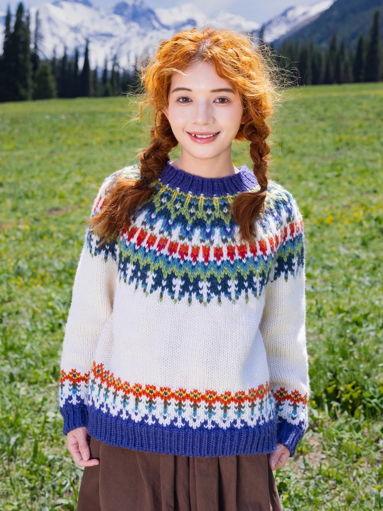 

102cmBust FallWinter Pullovers Sweaters Women Vintage Fair Isle Nordic Pure Handmade Knitted Thick Warm 100% Wool Sweaters Coats