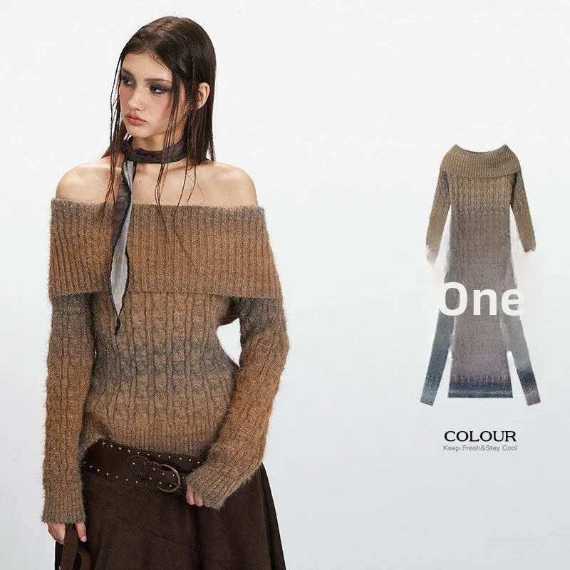 헤이헨리 슬림핏 어깨 노출 롱 슬리브 니트 스웨터 여성용 캐주얼 출퇴근용 폴리에스터 섬유 가을 겨울 착용