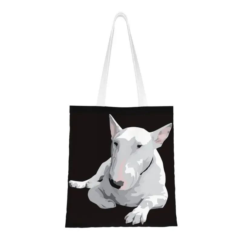 

Reusable English Bull Terrier Shopping Bag Women Canvas Shoulder Tote Bag Washable Groceries Shopper Bags