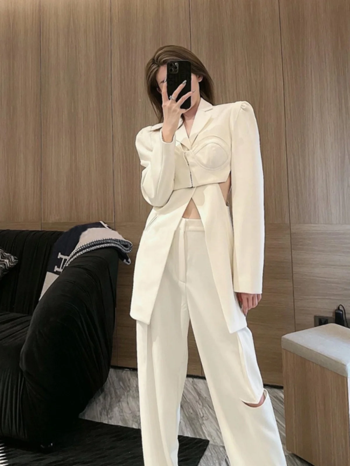 

Professional Women's Suit Set Spring Fashion Design Baring Waist Two-Piece Suit Jacket Pants Casual Straight Cut French Style